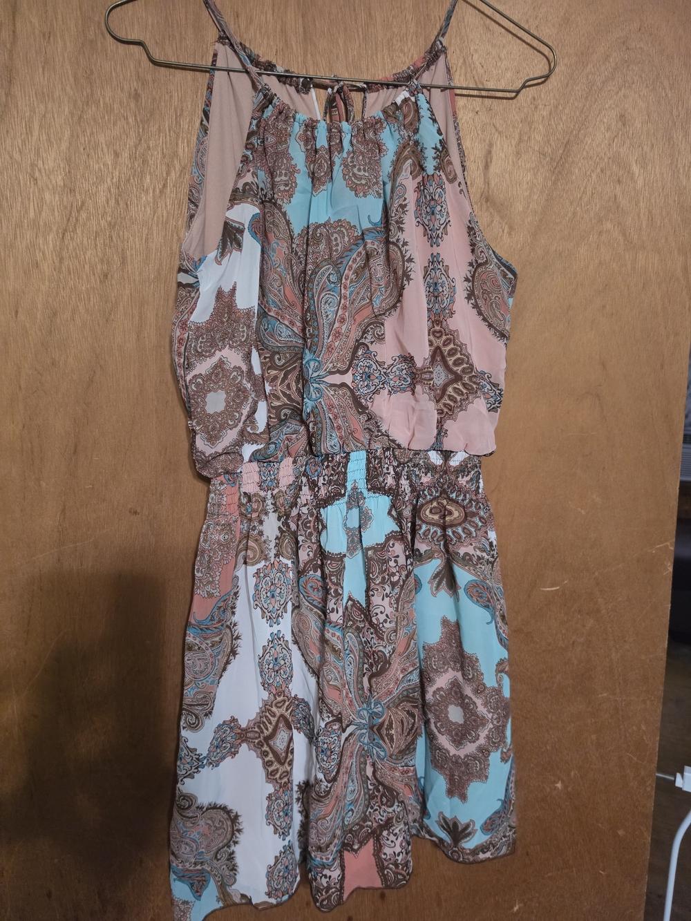 Sweet Storm Paisley Print Spaghetti Strap Dress in Coral, Aqua & Brown